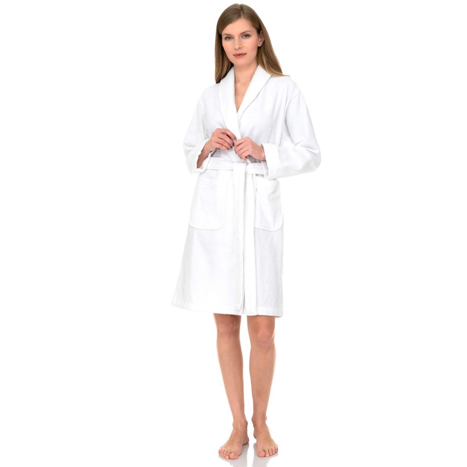 shawl collar white shorty bathrobe